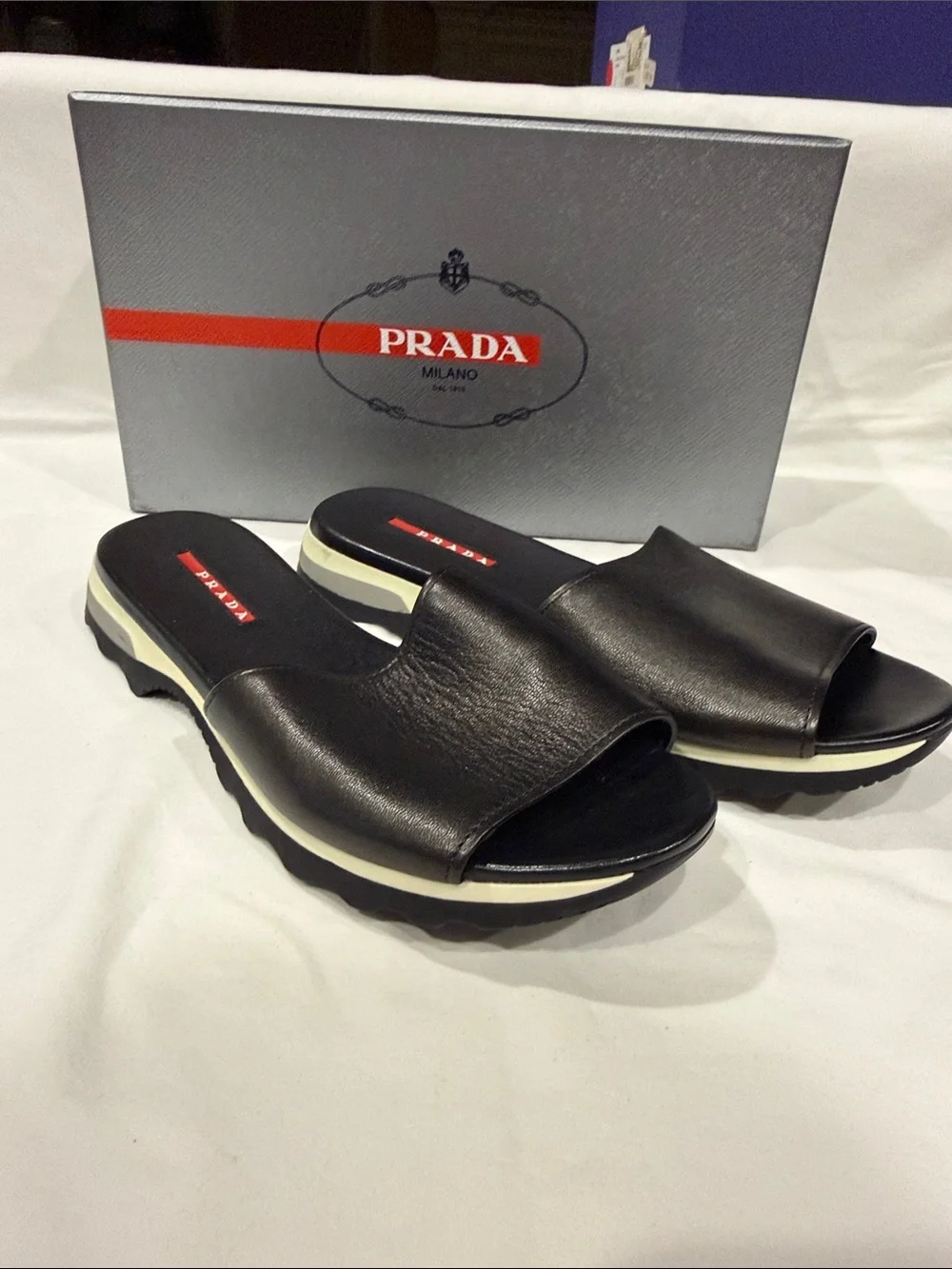 Prada Black Leather Men's Slide Sandals with White Trim